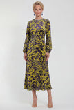 Fuchsia A-Line Round Neck Velvet Floral Midi Mother of the Bride Dress with Long Sleeves