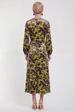 Fuchsia A-Line Round Neck Velvet Floral Midi Mother of the Bride Dress with Long Sleeves