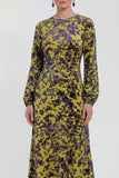 Fuchsia A-Line Round Neck Velvet Floral Midi Mother of the Bride Dress with Long Sleeves