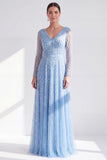 A-Line Dark Purple V-Neck Long Mother of the Bride Dress with Long Sleeves