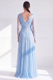 A-Line Dark Purple V-Neck Long Mother of the Bride Dress with Long Sleeves