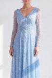 A-Line Dark Purple V-Neck Long Mother of the Bride Dress with Long Sleeves