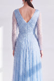 A-Line Dark Purple V-Neck Long Mother of the Bride Dress with Long Sleeves