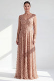 A-Line Dark Purple V-Neck Long Mother of the Bride Dress with Long Sleeves
