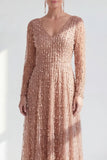 A-Line Dark Purple V-Neck Long Mother of the Bride Dress with Long Sleeves