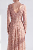 A-Line Dark Purple V-Neck Long Mother of the Bride Dress with Long Sleeves