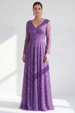 A-Line Dark Purple V-Neck Long Mother of the Bride Dress with Long Sleeves