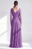 A-Line Dark Purple V-Neck Long Mother of the Bride Dress with Long Sleeves