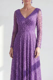 A-Line Dark Purple V-Neck Long Mother of the Bride Dress with Long Sleeves