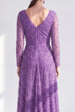 A-Line Dark Purple V-Neck Long Mother of the Bride Dress with Long Sleeves