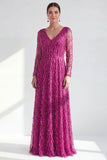 A-Line Dark Purple V-Neck Long Mother of the Bride Dress with Long Sleeves