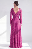 A-Line Dark Purple V-Neck Long Mother of the Bride Dress with Long Sleeves