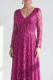 A-Line Dark Purple V-Neck Long Mother of the Bride Dress with Long Sleeves