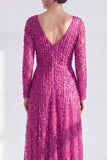 A-Line Dark Purple V-Neck Long Mother of the Bride Dress with Long Sleeves