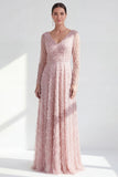 A-Line Dark Purple V-Neck Long Mother of the Bride Dress with Long Sleeves