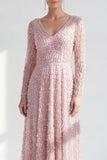 A-Line Dark Purple V-Neck Long Mother of the Bride Dress with Long Sleeves