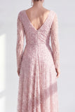 A-Line Dark Purple V-Neck Long Mother of the Bride Dress with Long Sleeves