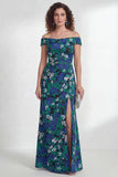 Off the Shoulder Green Flower Mermaid Ruched Long Mother of the Bride Dress with Slit