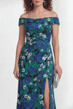 Off the Shoulder Green Flower Mermaid Ruched Long Mother of the Bride Dress with Slit