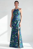 Halter Neck Green Flower Mermaid Beaded Ruched Long Mother of the Bride Dress with Slit