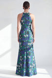 Halter Neck Green Flower Mermaid Beaded Ruched Long Mother of the Bride Dress with Slit