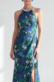 Halter Neck Green Flower Mermaid Beaded Ruched Long Mother of the Bride Dress with Slit
