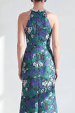 Halter Neck Green Flower Mermaid Beaded Ruched Long Mother of the Bride Dress with Slit