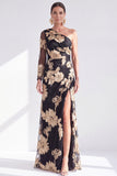 One Shoulder Champagne Mermaid Floral Long Mother of the Bride Dress with Slit