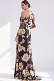 One Shoulder Champagne Mermaid Floral Long Mother of the Bride Dress with Slit