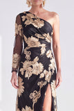 One Shoulder Champagne Mermaid Floral Long Mother of the Bride Dress with Slit