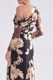 One Shoulder Champagne Mermaid Floral Long Mother of the Bride Dress with Slit