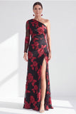 One Shoulder Champagne Mermaid Floral Long Mother of the Bride Dress with Slit