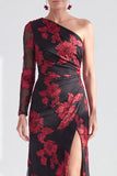 One Shoulder Champagne Mermaid Floral Long Mother of the Bride Dress with Slit