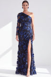 One Shoulder Champagne Mermaid Floral Long Mother of the Bride Dress with Slit