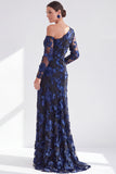 One Shoulder Champagne Mermaid Floral Long Mother of the Bride Dress with Slit