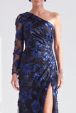 One Shoulder Champagne Mermaid Floral Long Mother of the Bride Dress with Slit