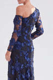 One Shoulder Champagne Mermaid Floral Long Mother of the Bride Dress with Slit