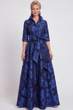A-Line Navy Floral Jacquard Half Sleeves Long Mother of the Bride Dress with Belt
