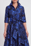 A-Line Navy Floral Jacquard Half Sleeves Long Mother of the Bride Dress with Belt