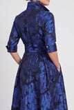 A-Line Navy Floral Jacquard Half Sleeves Long Mother of the Bride Dress with Belt