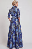 A-Line Navy Floral Jacquard Half Sleeves Long Mother of the Bride Dress with Belt