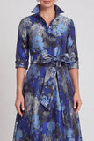 A-Line Navy Floral Jacquard Half Sleeves Long Mother of the Bride Dress with Belt