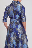 A-Line Navy Floral Jacquard Half Sleeves Long Mother of the Bride Dress with Belt