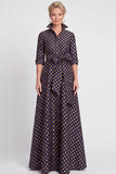 A-Line Navy Floral Jacquard Half Sleeves Long Mother of the Bride Dress with Belt