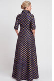 A-Line Navy Floral Jacquard Half Sleeves Long Mother of the Bride Dress with Belt