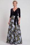Blue Flower A-Line V-Neck Long Mother of the Bride Dress with 3/4 Sleeves
