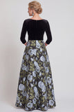 Blue Flower A-Line V-Neck Long Mother of the Bride Dress with 3/4 Sleeves