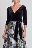 Blue Flower A-Line V-Neck Long Mother of the Bride Dress with 3/4 Sleeves