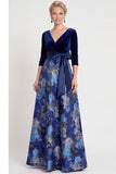 Blue Flower A-Line V-Neck Long Mother of the Bride Dress with 3/4 Sleeves