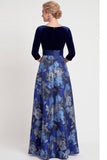 Blue Flower A-Line V-Neck Long Mother of the Bride Dress with 3/4 Sleeves